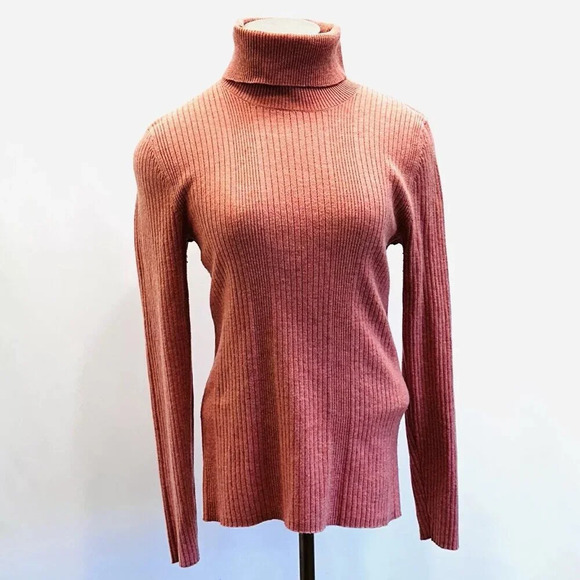 LOFT Women Short Long Pullover Turtleneck Ribbed Coral Sweater Size Medium - Picture 1 of 13